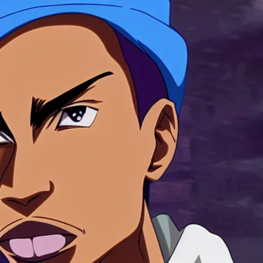 Image similar to Tupac Shakur, screenshot from a 2012s anime