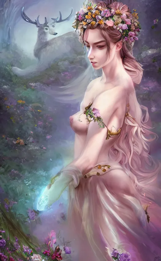 Image similar to A beautiful fantasy empress, full body, just one head, flower tiara, long hair, wearing dramatic aristocrat robe, delicate figure, field of fantasy flowers, foxes and deer, epic composition, ultra wide-shot, dynamic pose, concept art, beautifully lit, digital painting, smooth, character design, sharp focus, elegant, intricate, trending on artstation, by WLOP and James Jean and Victo Ngai