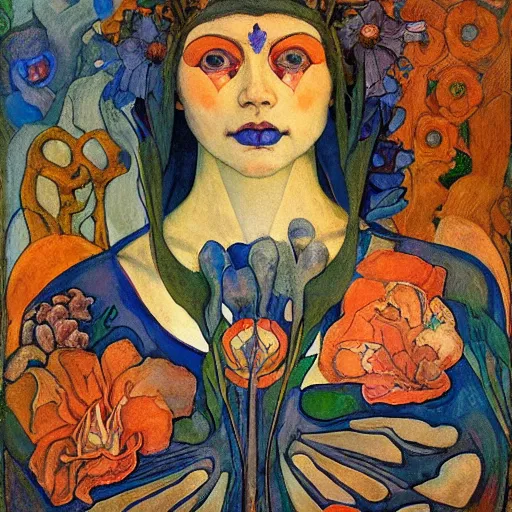 Image similar to the queen of flowers and bones, by Annie Swynnerton and Nicholas Roerich and Diego Rivera, bioluminescent skin, elaborate costume, geometric ornament, symbolist, cool colors, smooth, sharp focus, extremely detailed