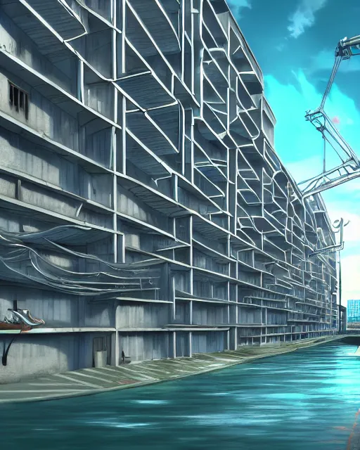 Prompt: a beautiful photorealistic illustration of unfinished building parking garage building architecture city by banksy, tron neptune vice city lake at spring anime, archdaily, wallpaper, highly detailed, trending on artstation.