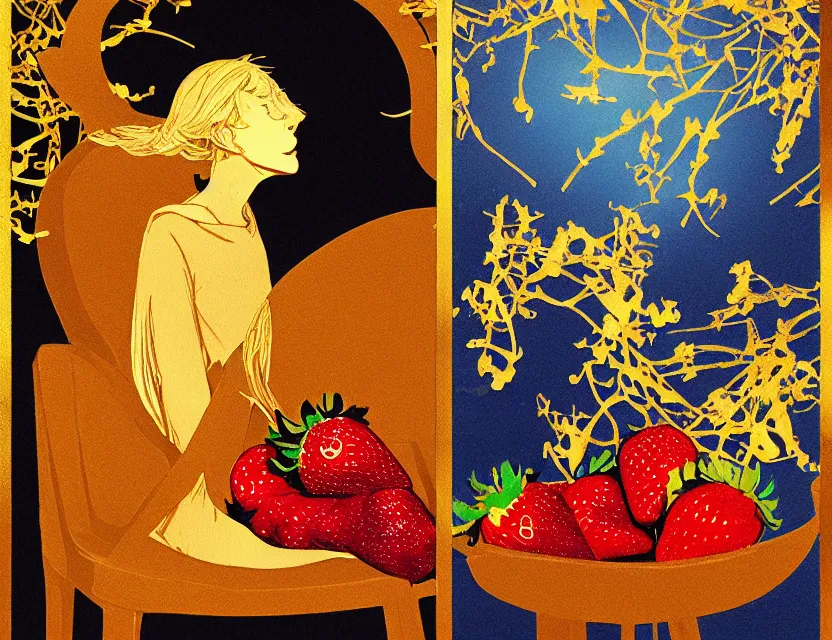 Image similar to priestess of chairs and strawberries. gouache and gold leaf by award - winning mangaka, chiaroscuro, bokeh, backlighting, field of depth