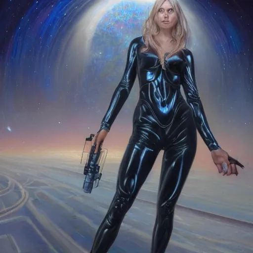 Image similar to pleiadian woman with big eyes and long silver hair wearing a dark body suit and holding a plasma gun as a realistic sci fi character, portrait art by donato giancola and greg rutkowski, digital art, trending on artstation, standing in a barren field