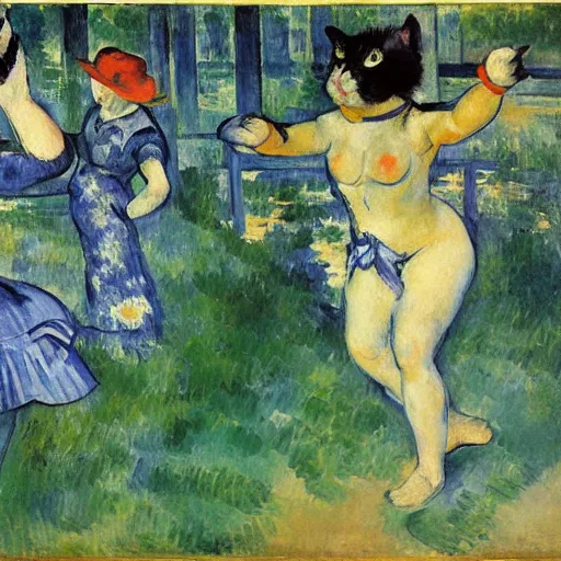 Image similar to cat dancing during bon odori in lotus pond, paul cezanne, monet, manet, van gogh