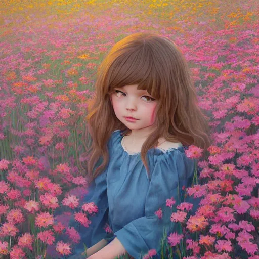 Image similar to a painting of a little girl with short wavy curly light brown hair and blue eyes, sitting in a field of flowers. beautiful detailed face line art by ilya kuvshinov and