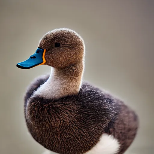 Prompt: extremely detailed photo of a duck wearing a fuzzy sweater, Sigma 80mm, cute