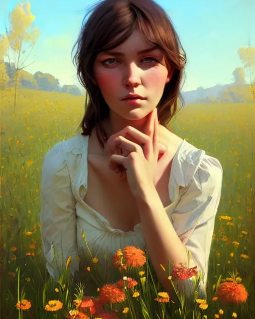 Image similar to stylized portrait of an artistic pose, composition, young lady sorrounded by nature, meadow, flowers, realistic shaded, fine details, realistic shaded lighting poster by ilya kuvshinov, magali villeneuve, artgerm, jeremy lipkin and michael garmash and rob rey