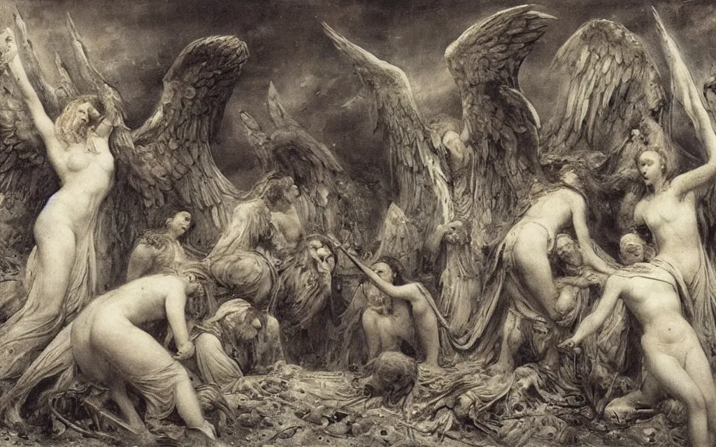 Prompt: vision of angels with a broken shield, trying to fix it by ivan shishkin and alfred kubin, style of futurism