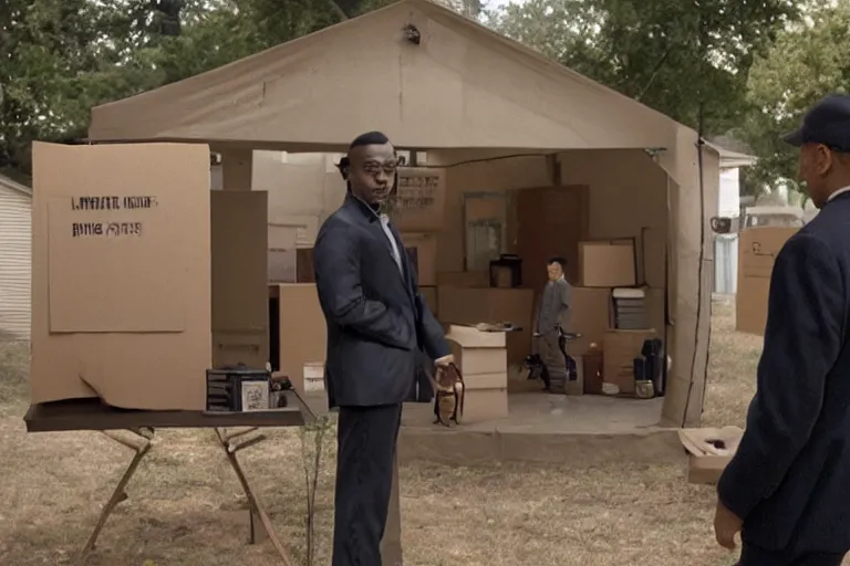 Prompt: cinematography of man in suit selling guns at little cardboard stand in residential neighborhood by Emmanuel Lubezki