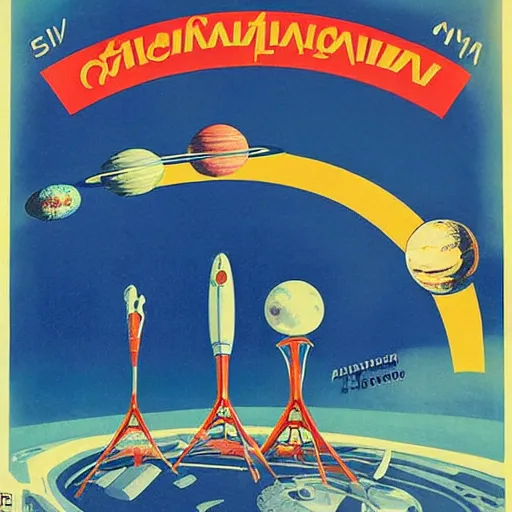 Image similar to soviet propaganda poster of colonization of the solar system