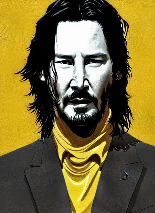 Prompt: highly detailed closeup portrait of cool keanu reeves, wavy hair, jhonny depp, black suit by atey ghailan, by greg rutkowski, by greg tocchini, by james gilleard, by joe fenton, by kaethe butcher, gradient yellow, black and white color scheme, grunge aesthetic!!! ( ( graffiti tag wall background ) )