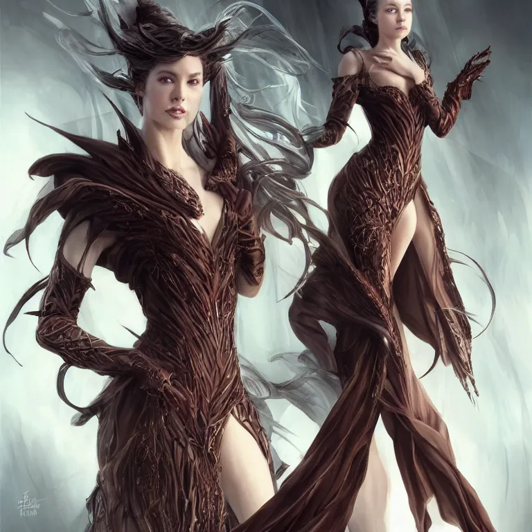 Image similar to beautiful cinematic fantasy poster, a beautiful fashion model wearing haute couture in dynamic pose, wideshot ultrawide angle epic scale, hybrid from The Elden Ring and art direction by Darius Zawadzki ;by artgerm; wayne reynolds art station; cinematic quality character render; low angle; ultra high quality model; production quality cinema model;