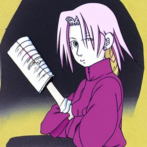 Prompt: Sakura haruno as drawn by Hayao Miyazaki