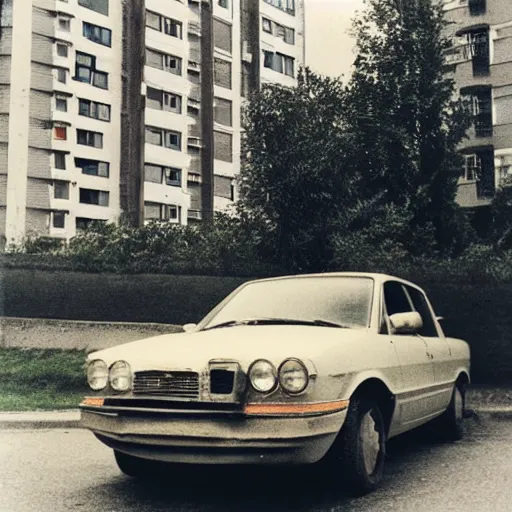 Image similar to low angle shot of russian car in soviet yard with block of flats, low grain film,polaroid, masterpiece, blur, mid day in style of william egglestone