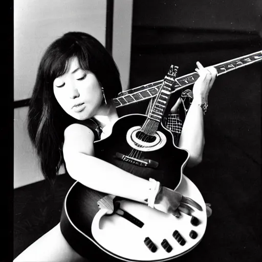 Prompt: a black and white photograph of a female japanese artist playing a gibson sg, 1 9 7 0 s