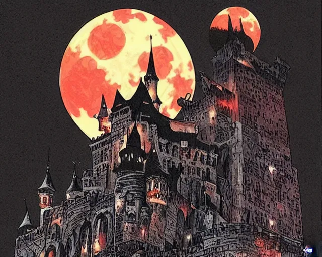 Image similar to dracula's castle rising up from the mist at night silhouetted by a single huge bloodmoon by dc comics and sandra chevrier, stunning, comic, pen and ink, slash page, highly detailed