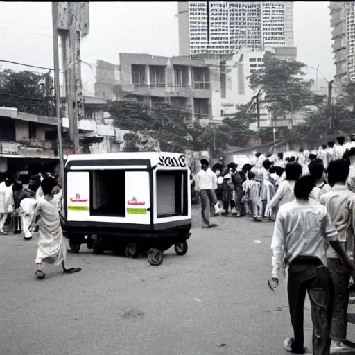 Prompt: 1980 photograph of a time machine landing in Dhaka