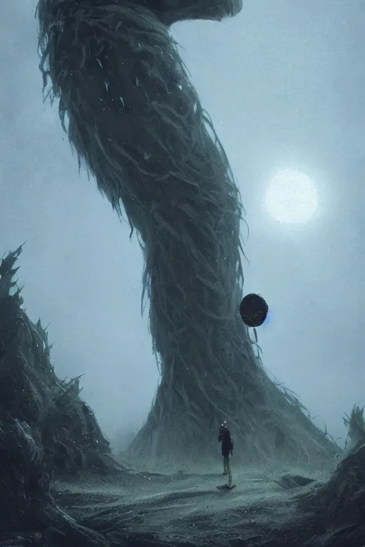 Image similar to A small person standing before a giant michanical beast by Greg Rutkowski, beeple, Sung Choi, Mitchell Mohrhauser, Maciej Kuciara, Johnson Ting, Maxim Verehin, Peter Konig, final fantasy, macro lens, 35mm, 8k photorealistic, cinematic lighting, HD, high details, dramatic, dark atmosphere, trending on artstation