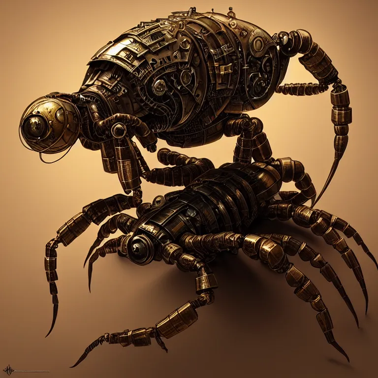 Image similar to steampunk robot scorpion, 3 d model, unreal engine realistic render, 8 k, micro detail, intricate, elegant, highly detailed, centered, digital painting, artstation, smooth, sharp focus, illustration, artgerm, tomasz alen kopera, wlop