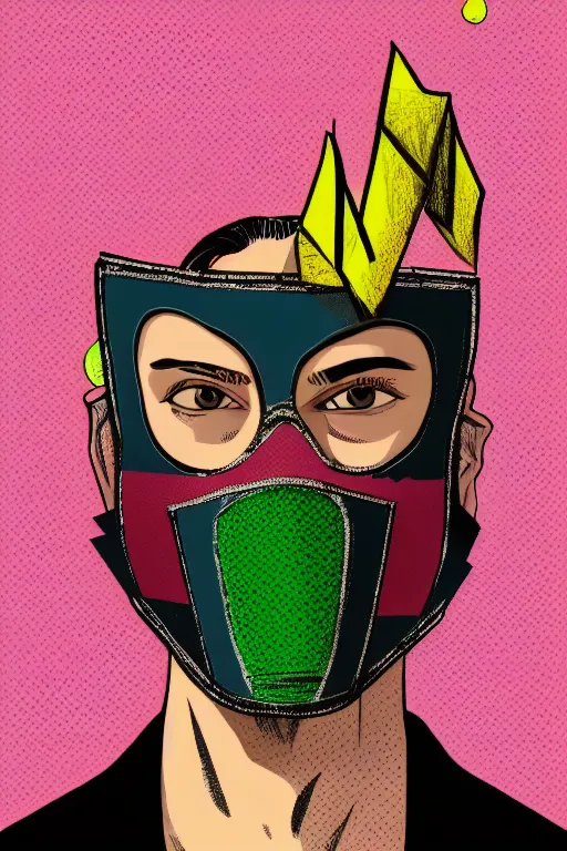 Prompt: random masked guy with blouse, pop art, aesthetic art, 8 k, asymmetrical, high details, digital painting, concept art, smooth, sharp focus, illustration, intricate, art by arstation and mimmo rottela, pixels art by paul robertson