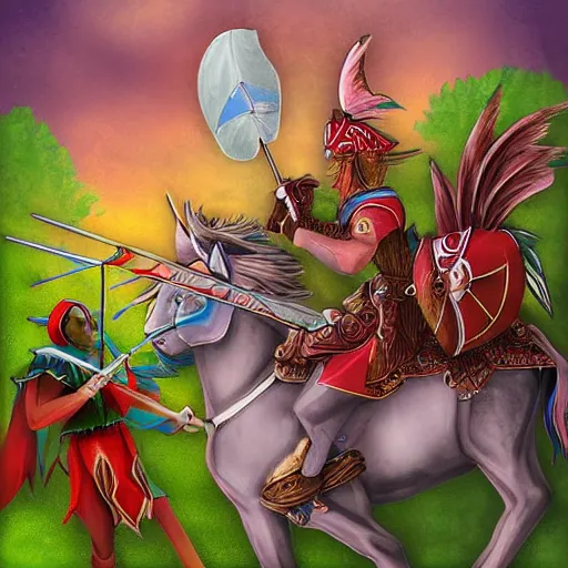 Prompt: digital painting of a fantasy fairy knights jousting on roosters