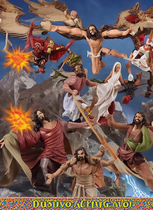 Image similar to Jesus vs the Devil in the flying sandals of salvation action figures toy pack