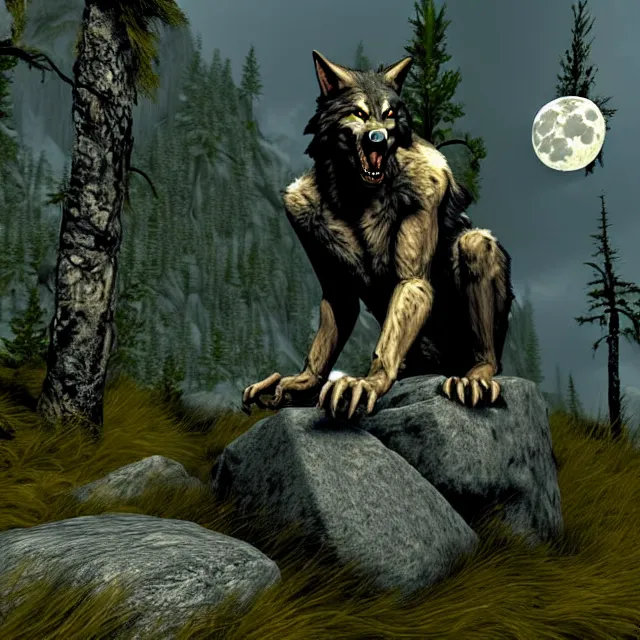 Image similar to A werewolf sitting on a rock, woodland creek, realistic, skyrim style, yellowish full moon