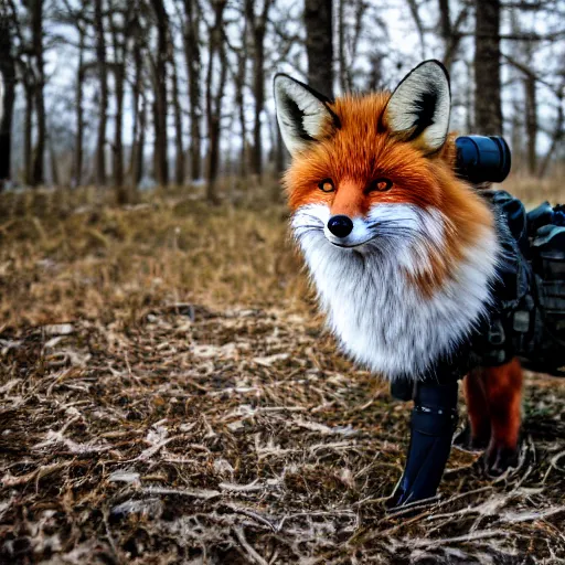 Image similar to a fluffy Fox dressed in a modern American military soldier uniform with night vision goggles, 85mm f/1.4