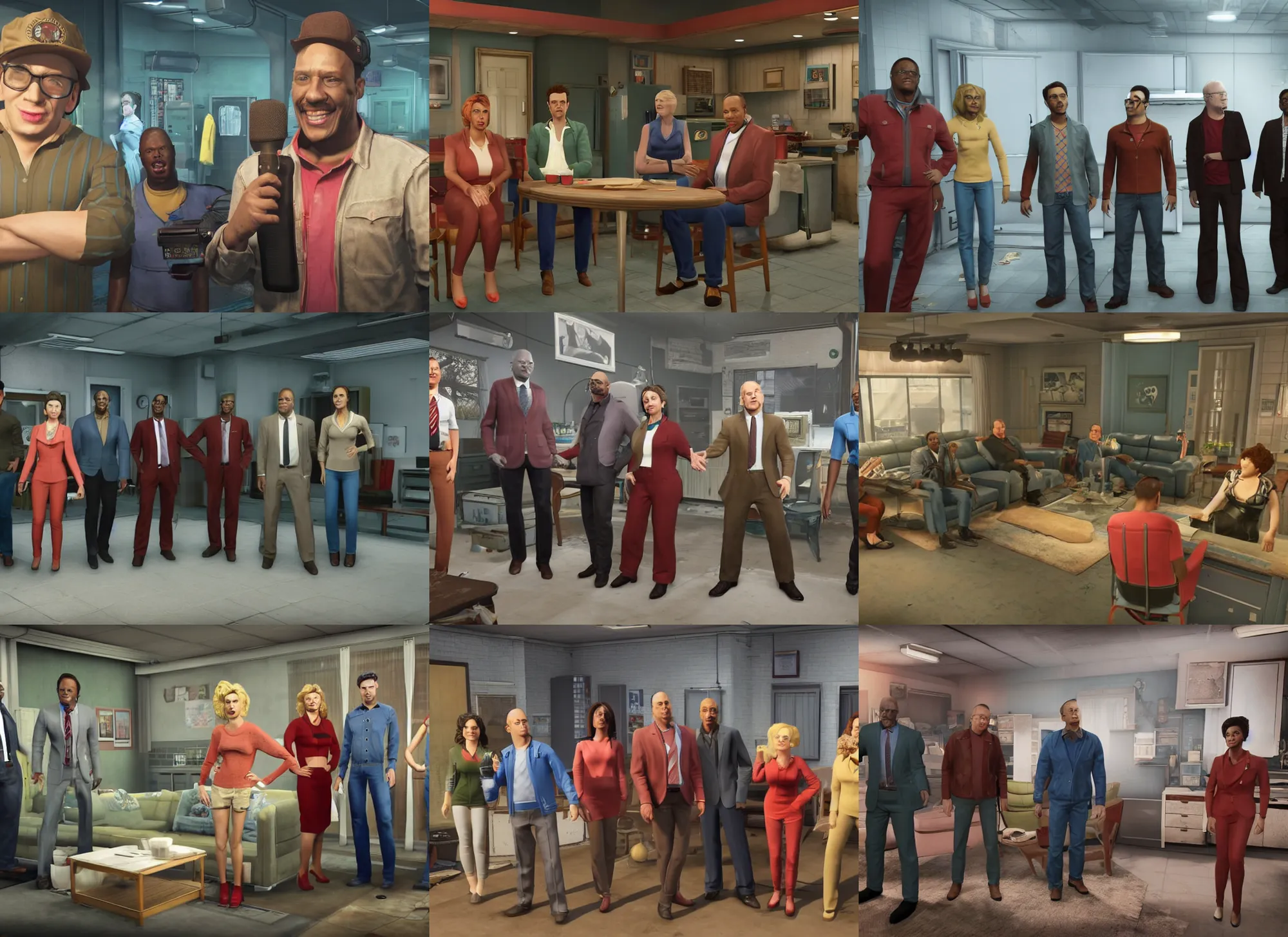 Prompt: still image of the cast of the tv show the larry sanders show, as npc characters in fallout 4, unreal engine, octane render, 8 k