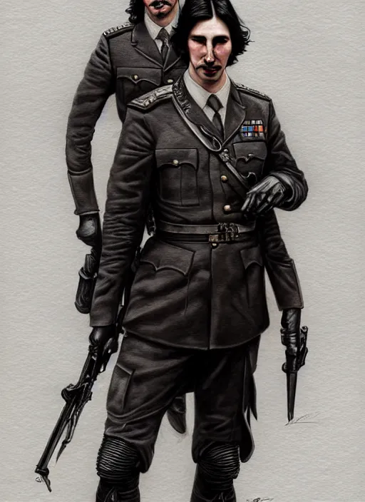 Image similar to a portrait of john oliver standing next to adam driver, stoic, full body, military uniform, fantasy, intricate, elegant, beautiful, highly detailed, charcoal, centered, dark, smokey, digital painting, artstation, concept art, smooth, sharp focus, illustration, art by artgerm and greg rutkowski and alphonse mucha