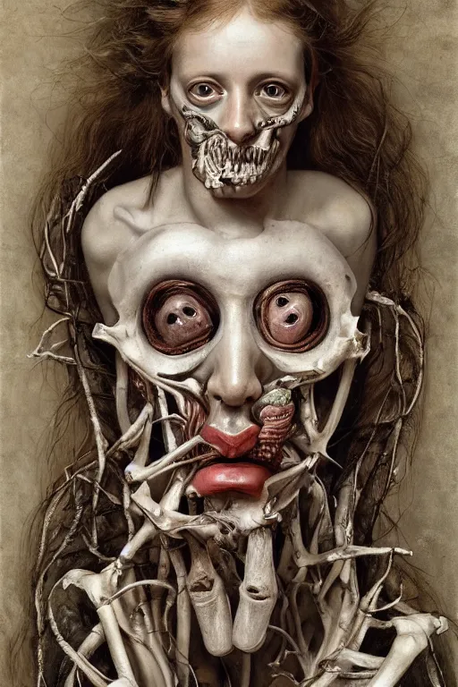 Image similar to Detailed maximalist portrait of a greek god with large lips and eyes, scared expression, botanical anatomy, skeletal with extra flesh, HD mixed media, 3D collage, highly detailed and intricate, surreal illustration in the style of Jenny Saville, dark art, baroque, centred in image