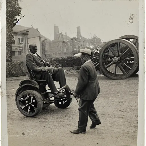 Image similar to photograph of an eldery gentleman towing a howitzer! artillery! with a mobility scooter on a street