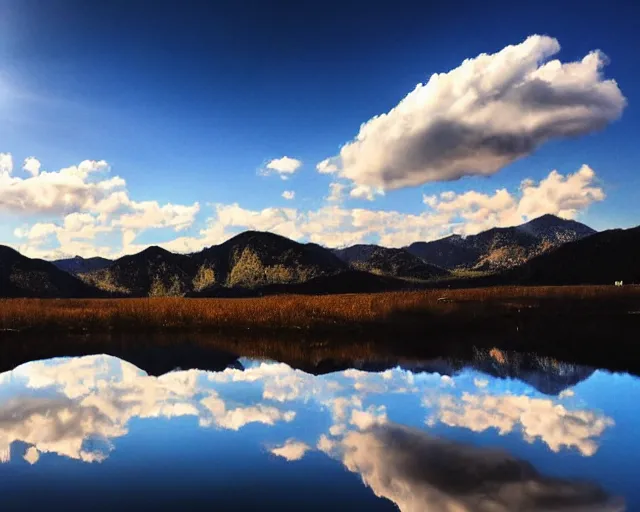 Image similar to mountains with a small lake, clouds in the sky, water reflecting suns light, dramatic landscape mode made by Clay Collier