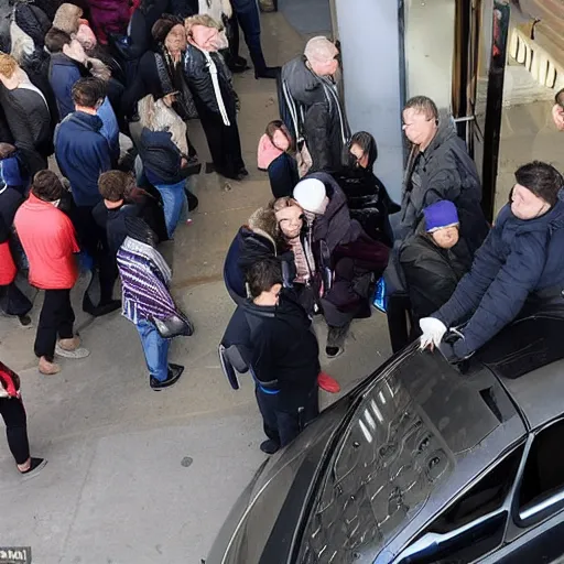 Image similar to car-manipulator picks up one person from a queue of people looking for a store