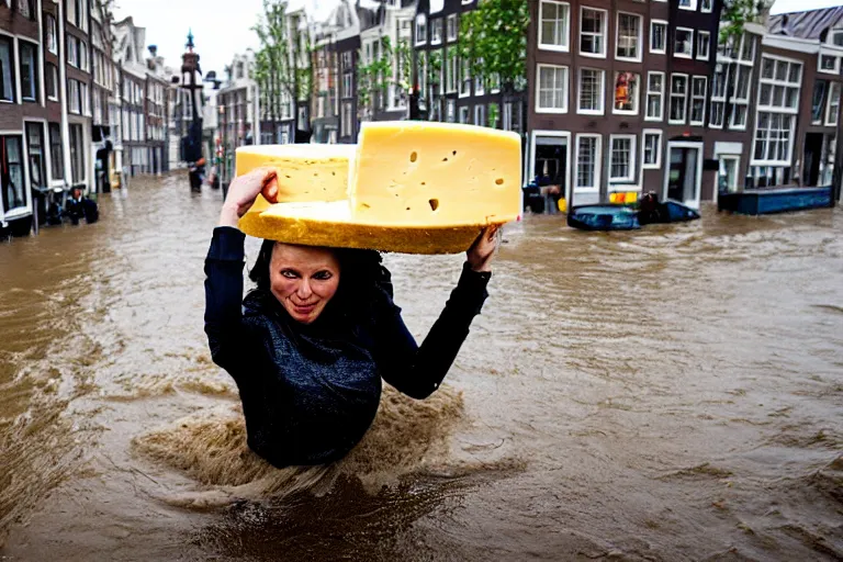 Image similar to closeup potrait of a woman carrying a wheel of cheese over her head in a flood in Amsterdam, photograph, natural light, sharp, detailed face, magazine, press, photo, Steve McCurry, David Lazar, Canon, Nikon, focus