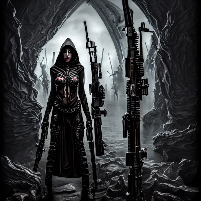 Image similar to apocalyptic woman in hood standing in hall of weaponry, hyper - detailed, smooth, sharp focus, 4 k ultra hd, fantasy dark art