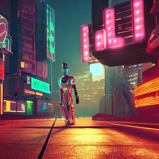 Image similar to robot walking the streets of thriving futuristic cyberpunk city at night, lit by the neon signs and streetlights, 3d, Unreal Engine, octane render, ray tracing, Unity, highly detailed, high quality, HD, 4k, 8k, realistic, sharp, no blur, edited, corrected, trending