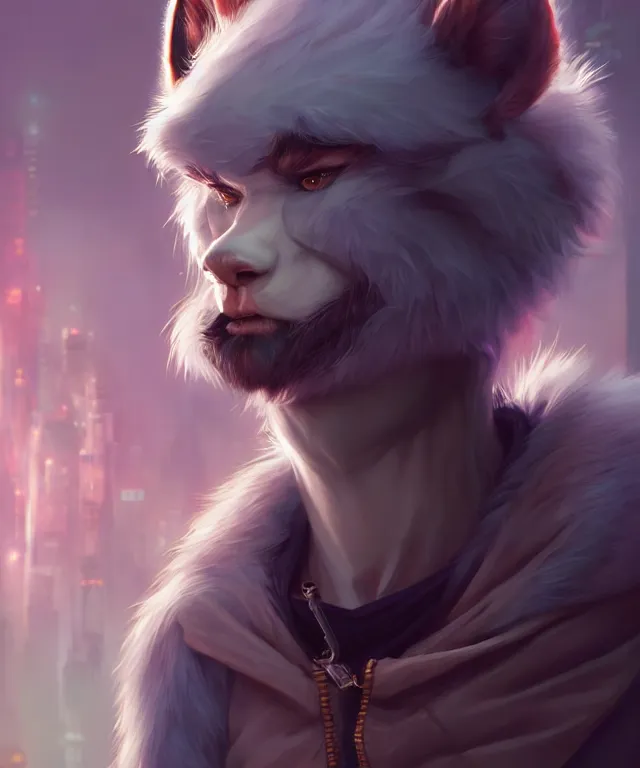 Image similar to male anthropomorphic furry | in cyberpunk city | cute - fine - face, pretty face, key visual, realistic shaded perfect face, fine details by stanley artgerm lau, wlop, rossdraws, james jean, andrei riabovitchev, marc simonetti, and sakimichan, trending on artstation