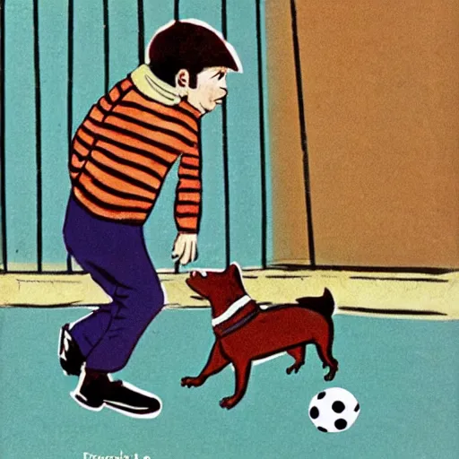 Image similar to book illustration of a french boy on the streets of paris playing football against a corgi, the dog is wearing a polka dot scarf, 1 9 6 6