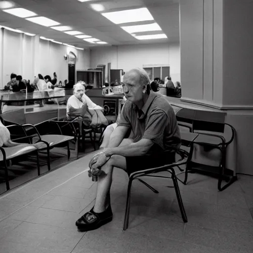 Image similar to wide angle portrait of werner herzog sitting alone in the waiting area of the dmv wearing a birthday party hat. wide shot, ansel adams, award winning, hyperrealistic, grand budapest hotel, studio lighting, very detailed face, chiaroscuro, film noir