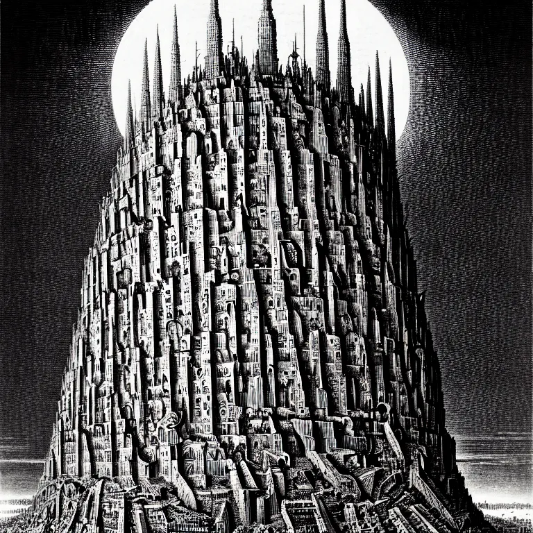 Image similar to the tower of babel. extremely high details, perfect face, black and white, masterpiece, magnum opus engraving by gustave dore, jean giraud, philippe druillet