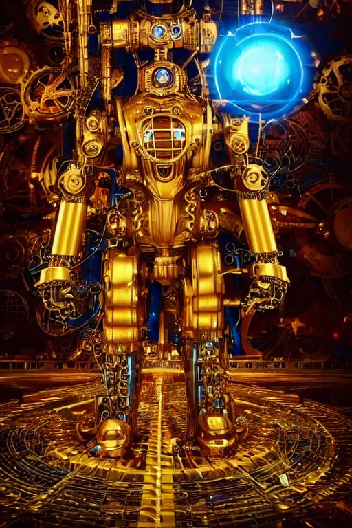 Prompt: portrait photo of a giant huge golden and blue metal humanoid steampunk robot with big gears and tubes in pieces all over the floor, eyes are glowing red lightbulbs, shiny crisp finish, 3 d render, 8 k, insaneley detailed, fluorescent colors, background is multicolored lasershow