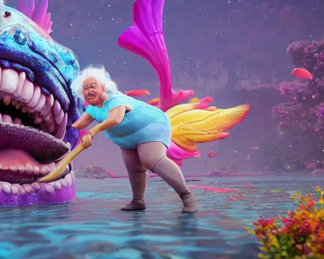 Prompt: of a very beautiful scene. ambient occlusion render. a sweet fat old woman is dancing with a huge colorful fish. hyper realistic. 4 k. wide angle. wild happiness. symmetrical face, red mouth, blue eyes. deep focus, lovely scene. ambient occlusion render. concept art. unreal engine.