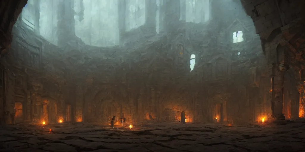 Image similar to Hyper realistic oil painting of the insides of an abandoned dwarven fortress, dark, torchlight, fantasy, cinematic lighting, broken furniture, dust, gloomy, by greg rutkowski, trending on artstation