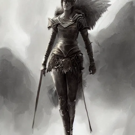 Image similar to full body drawing of emma watson wearing a knight armor, beautiful piercing eyes, hyper realistic face, in the style of greg rutkowski, fantasy, amazing detail, epic, elegant, smooth