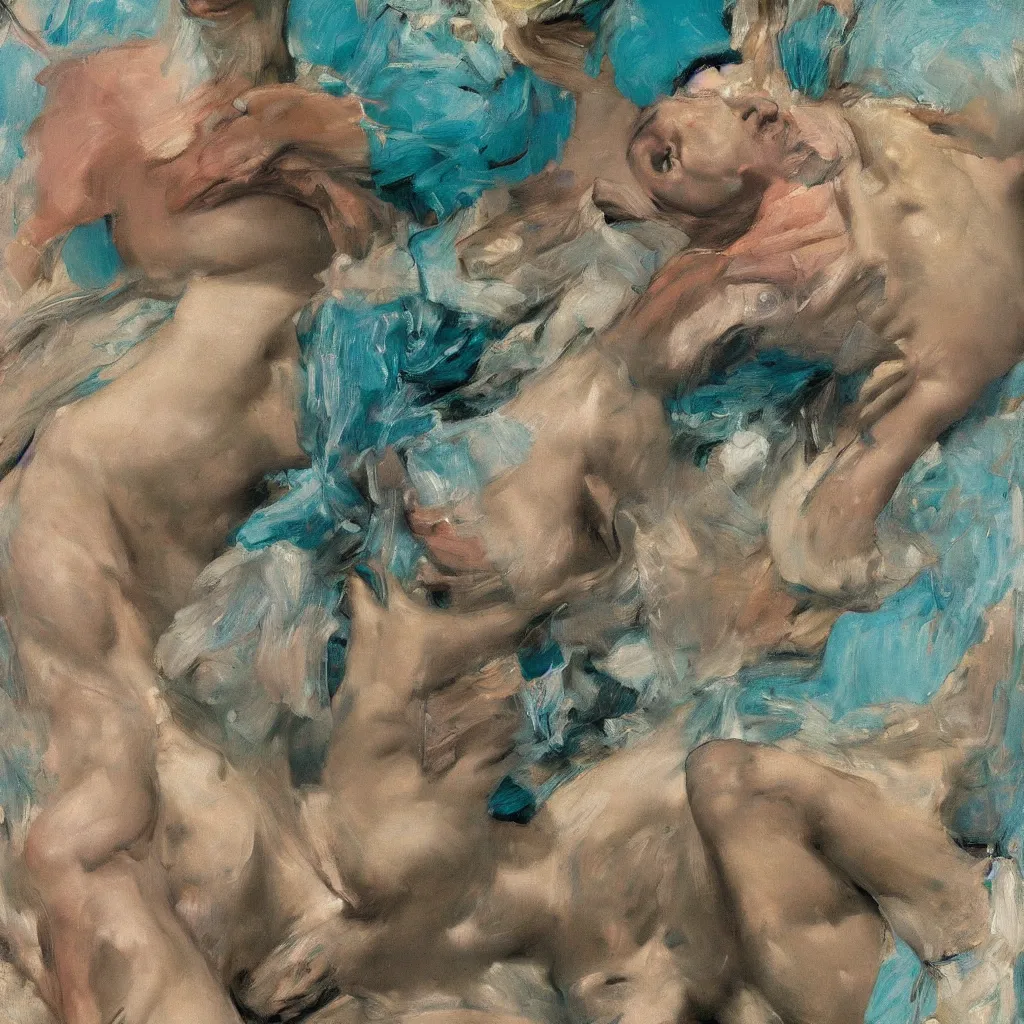 Image similar to high quality high detail painting by lucian freud, jenny savile, ilya repin and john singer sargent, mutation and elastic skin, turquoise, hd