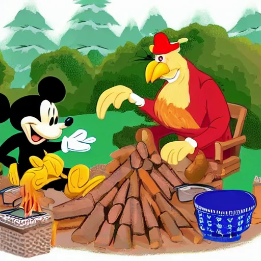 Image similar to animals sit around the fire and fried chicken in disney styles