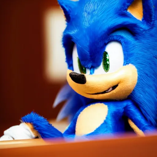 Prompt: Plush doll of Sonic the Hedgehog sitting in Vancouver during the morning, 8K, cute, looks soft, high quality, HD resolution