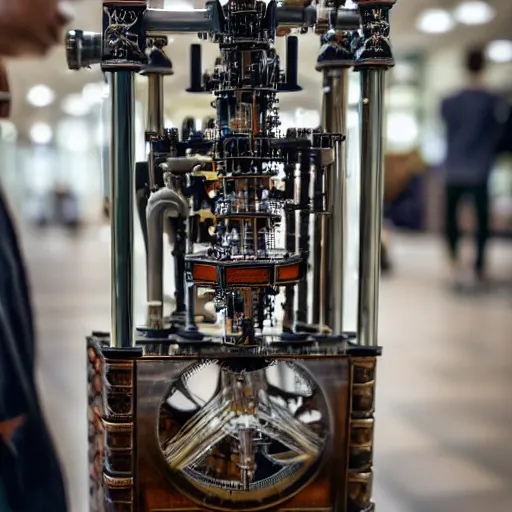 Image similar to a random pointlessly elaborate intricate contraption pneumatic machine with no apparent purpose, being operated by a scholarly looking man with a clear directed gaze, xf iq 4, f / 1. 4, iso 2 0 0, 1 / 1 6 0 s, 8 k, raw, unedited, symmetrical balance, in - frame