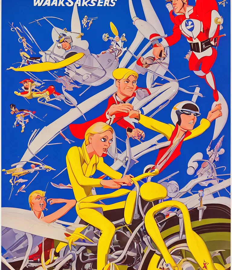 Image similar to Hannah Barbera cartoons of Five Star Stories as Whacky Races, promotional poster super detailed , xpensive production, realistic style, gouache colors, Hollywood retro cartoon poster, golden era of animation work