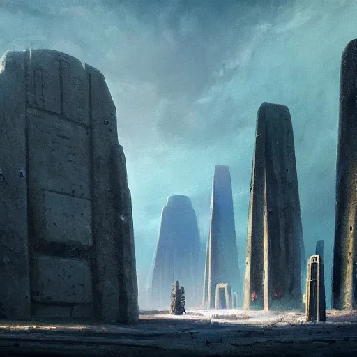 Image similar to pulp fantasy concept art painting of an alien civilisation, sacred monoliths, futuristic, technocracy, toxic, shrines, by greg rutkowski and james gurney